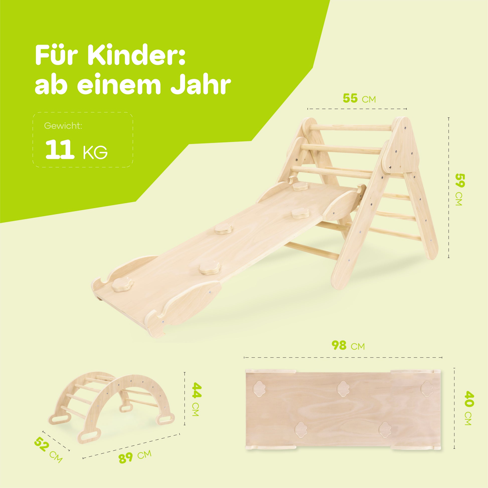 Kletterdreieck mit Rutsche, geeignet für Kinder ab einem Jahr. Zeigt die Maße des Kletterdreiecks und des Kletterbogens sowie das Gewicht von 11 kg