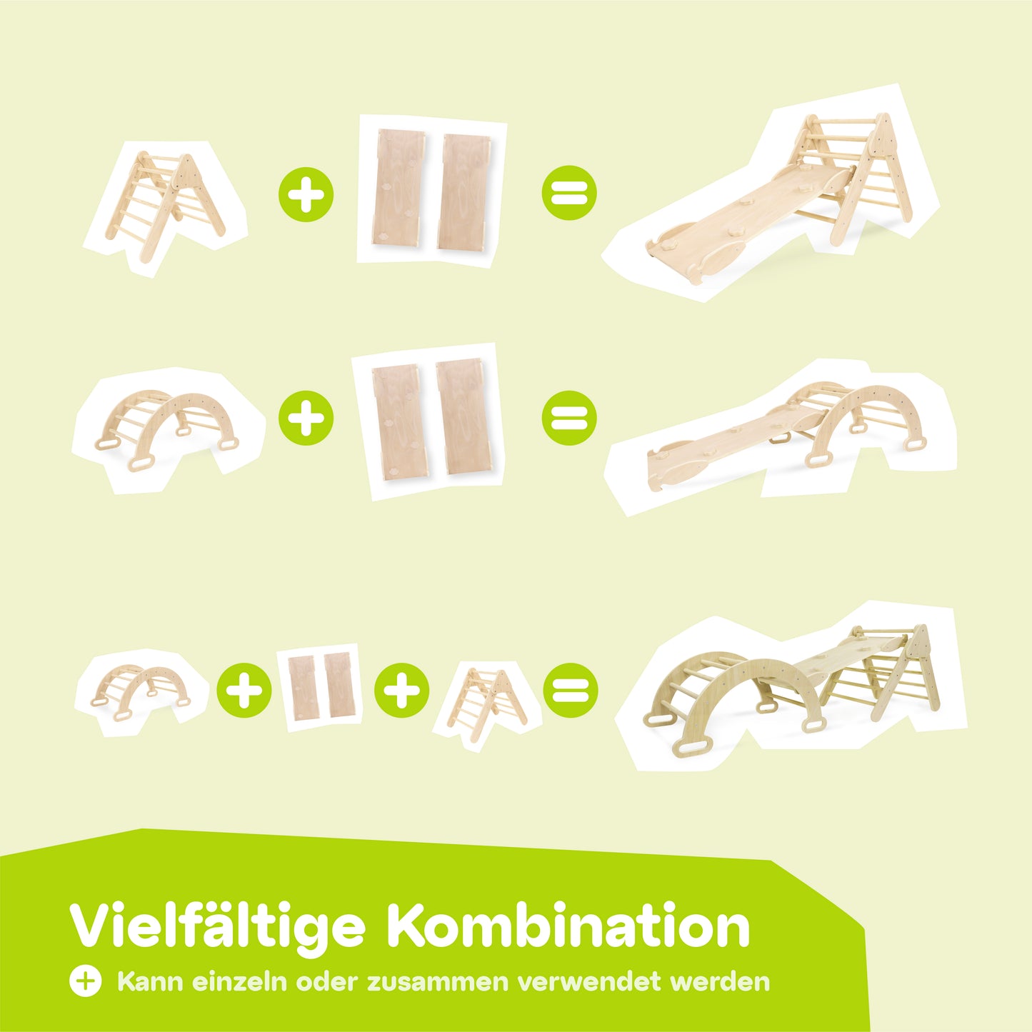 Verschiedene Kombinationsmöglichkeiten des Kletterdreieck-Sets. Zeigt, wie das Kletterdreieck, der Kletterbogen und die Rutsche flexibel kombiniert und erweitert werden können.