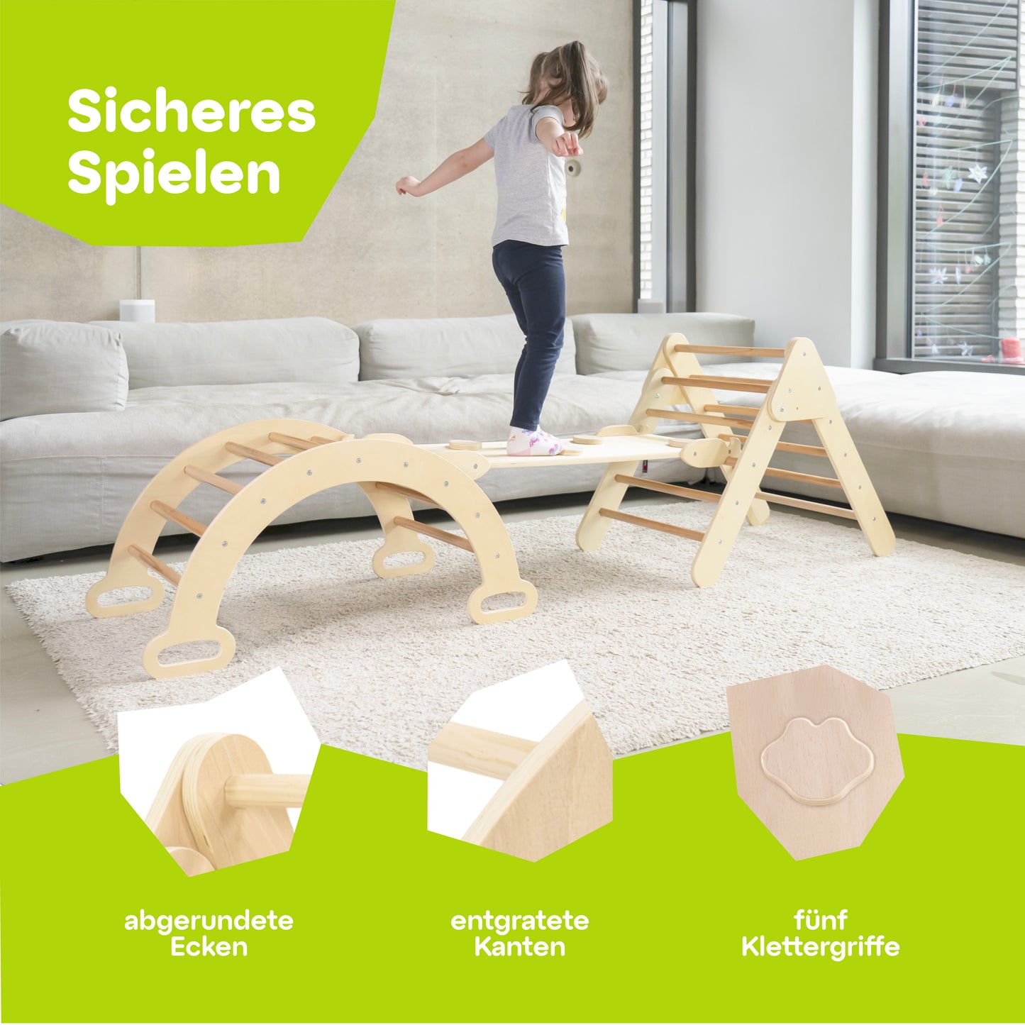 Kind balanciert auf einem Kletterdreieck mit Rutsche und Bogen im Wohnzimmer. Der Fokus liegt auf abgerundeten Ecken, entgrateten Kanten und fünf Klettergriffen für sicheres Spielen.