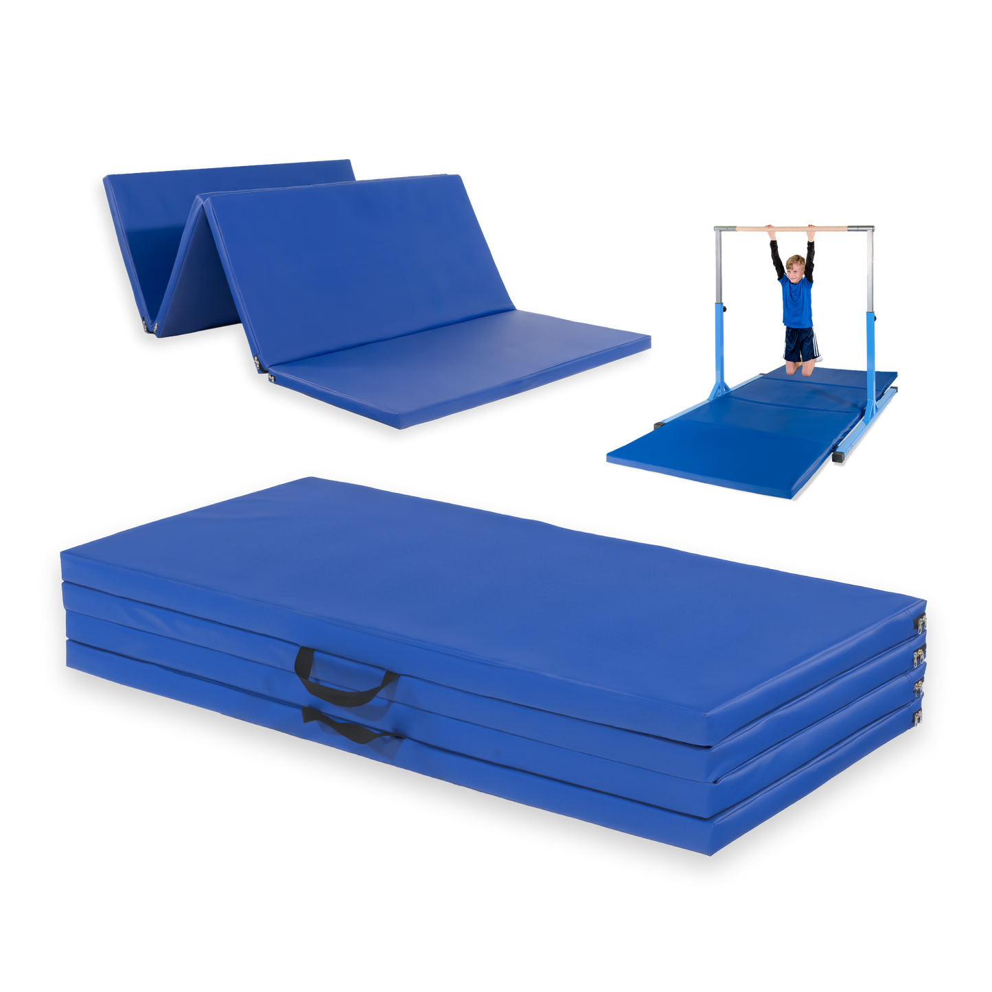 Klappbare blaue Gymnastikmatte und Turnreck, ideal für Jungen und sportliche Aktivitäten, geeignet für Indoor und Outdoor.