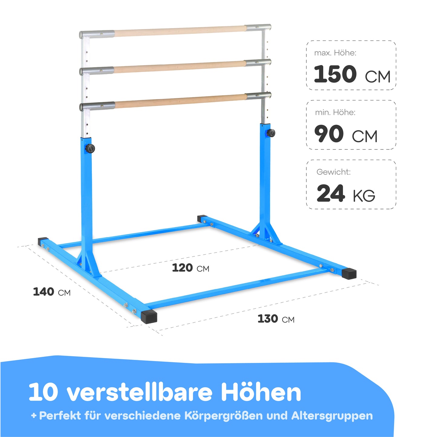 Blaues Turnreck mit 10 verstellbaren Höhen von 90 cm bis 150 cm. Ideal für verschiedene Körpergrößen und Altersgruppen. Maximale Breite 140 cm, Tiefe 130 cm, und ein Gewicht von 24 kg.