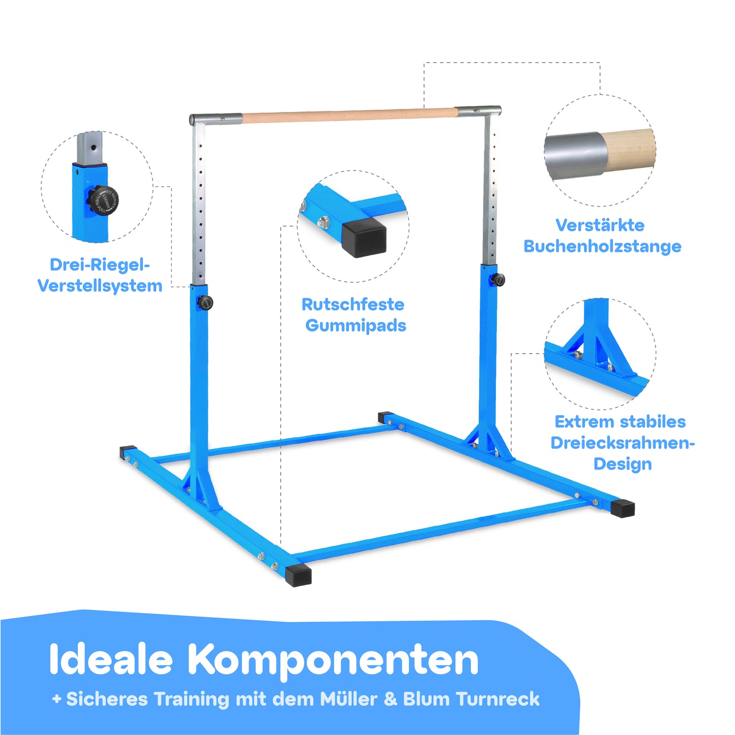 Blaues Turnreck mit stabiler Dreiecksrahmenkonstruktion, rutschfesten Gummipads, verstärkter Buchenholzstange und einem Drei-Riegel-Verstellsystem, das die Höhe flexibel anpasst.